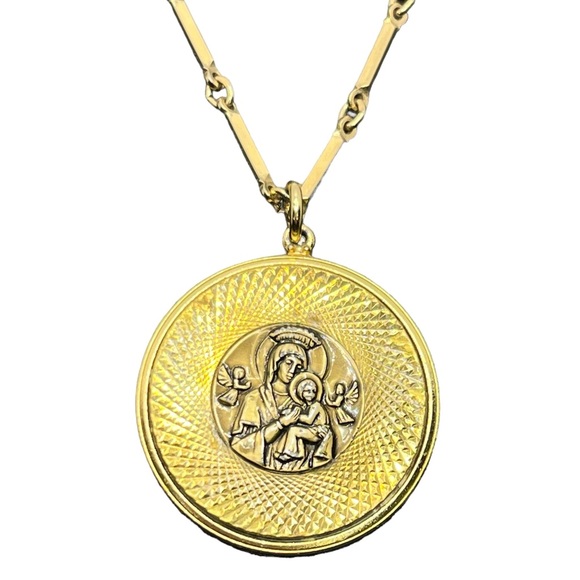 Jewelry Vintage Gold Tone Engine Turned Religious Medallion Necklace